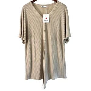 MIHOLL Waffle Knit Button Down Top Tie‎ Front Shirt Blouse XL